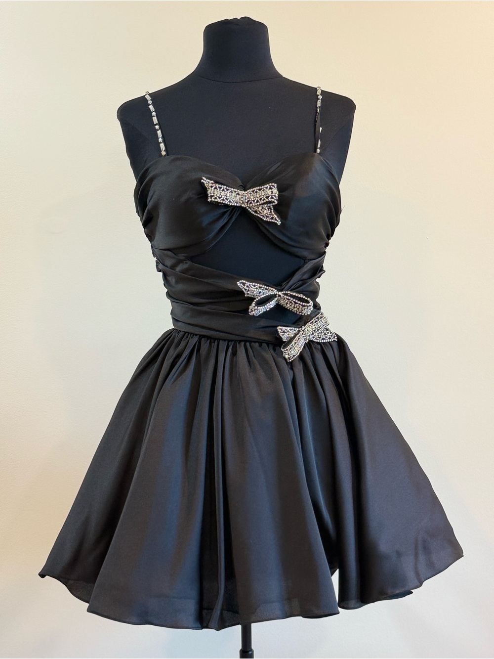 Portia and Scarlett Black Satin Mini Dress with Crystal Bow Accents - homecoming